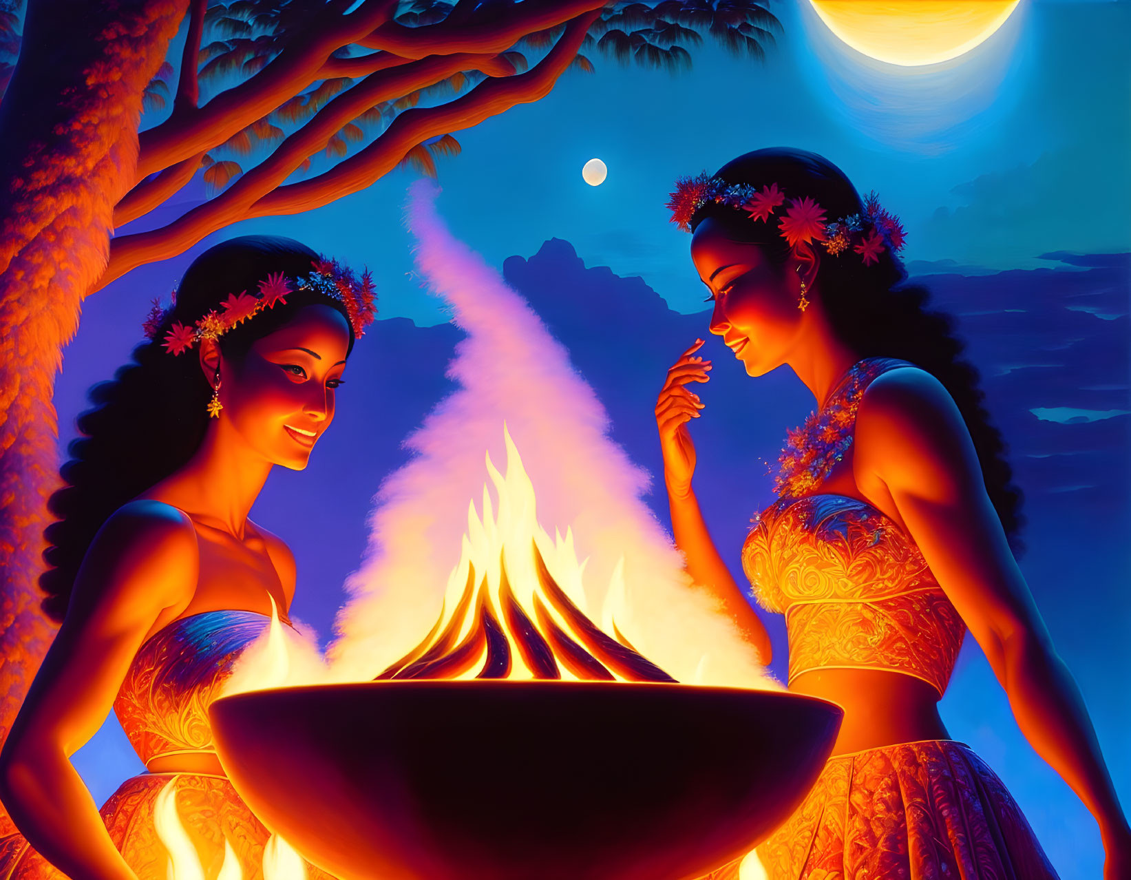 Two women in traditional attire by a fire bowl under a moonlit sky