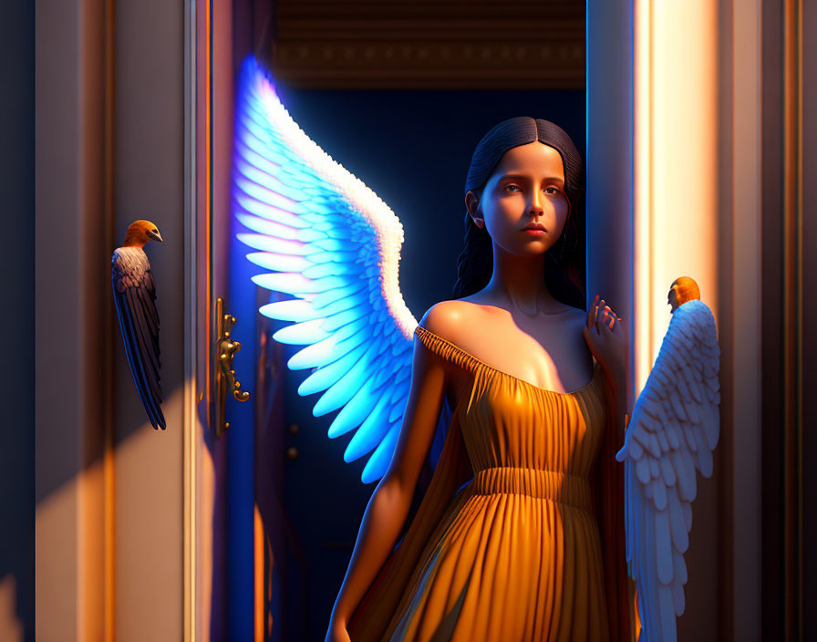 Woman with luminescent blue wings and birds in dimly lit doorway