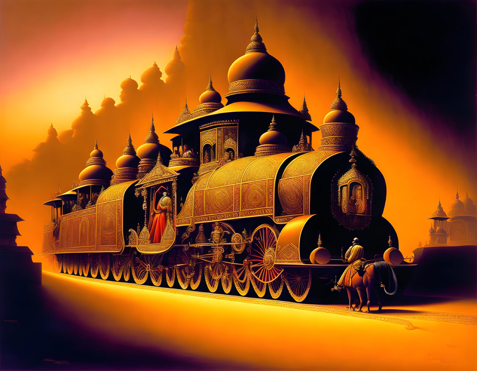 Elaborate Golden Carriage Train in Desert with Traditional Figures