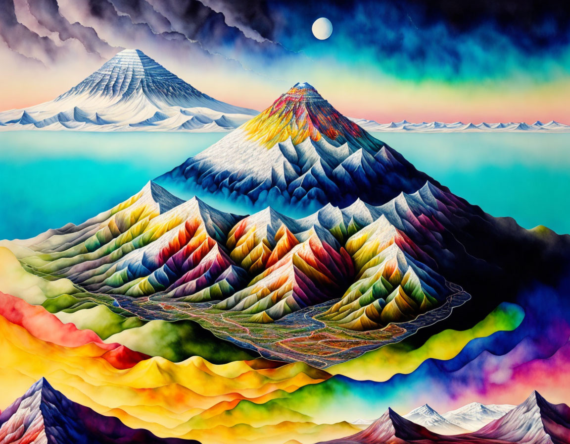 Colorful Mountain Range Painting with Serene Sky & Textured Details