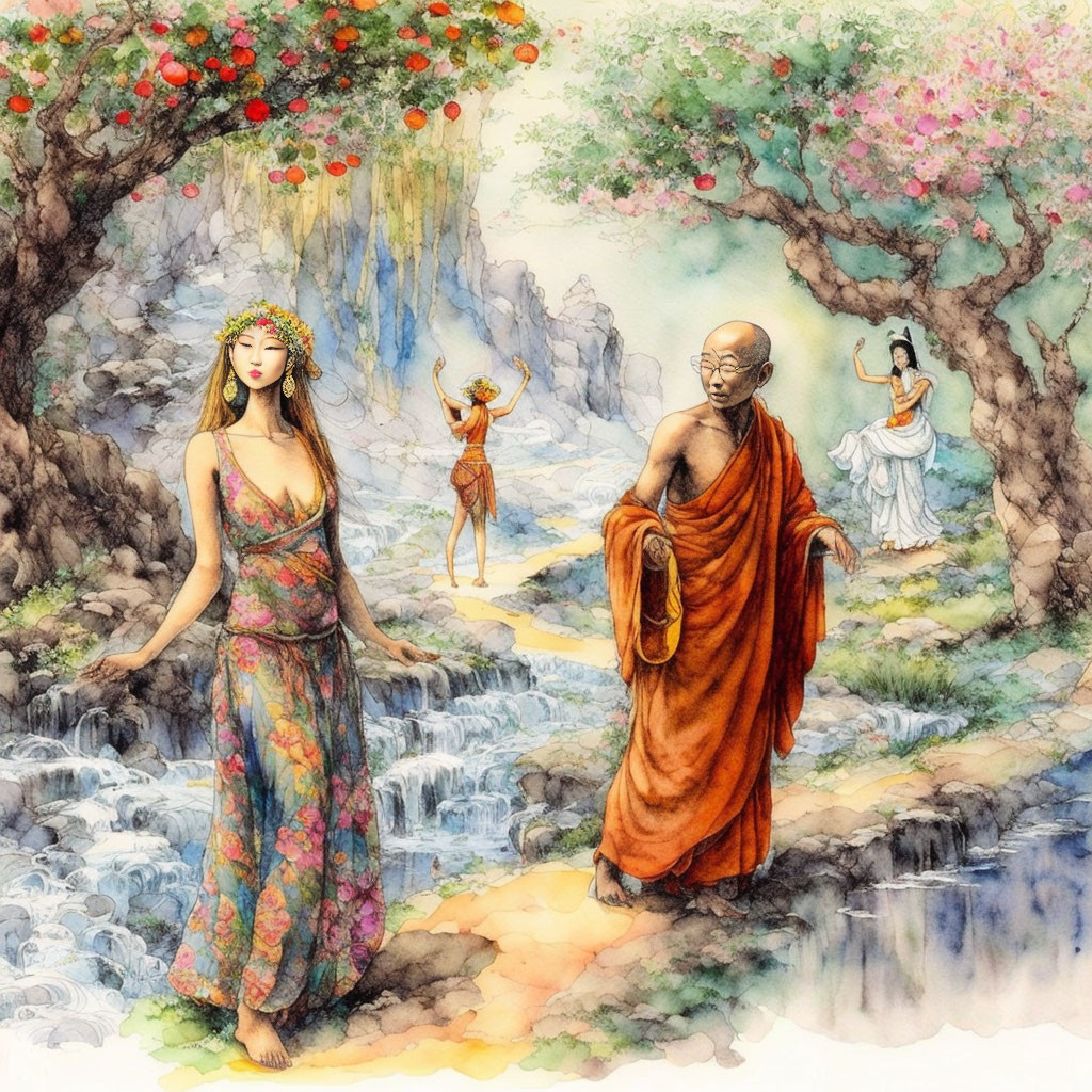 Colorful illustration: Monk and ethereal women in mythical garden