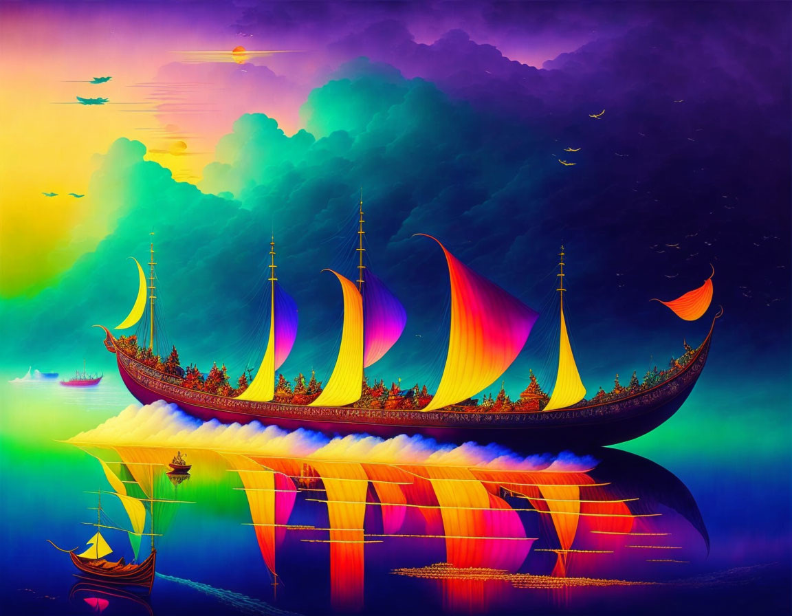 Colorful Boats with Vivid Sails on Reflective Water Surface at Sunset