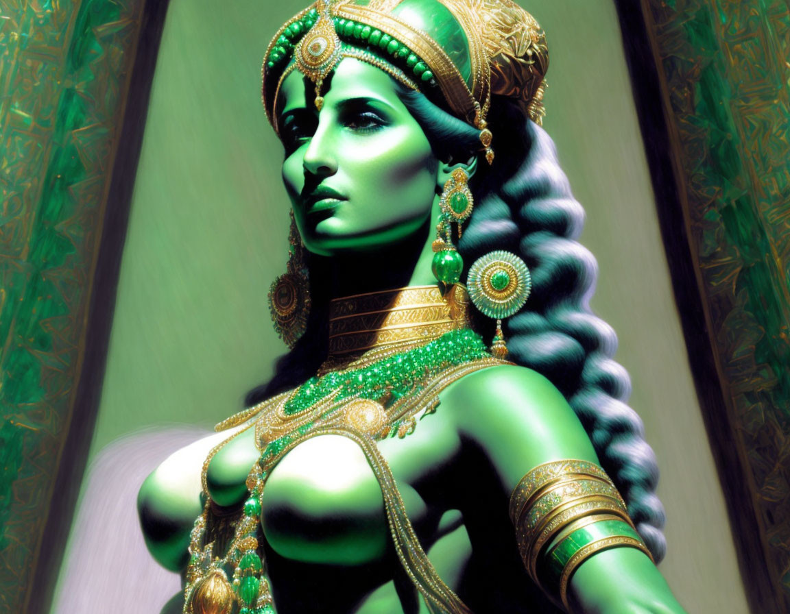 Intricate gold and green accessories on regal woman artwork