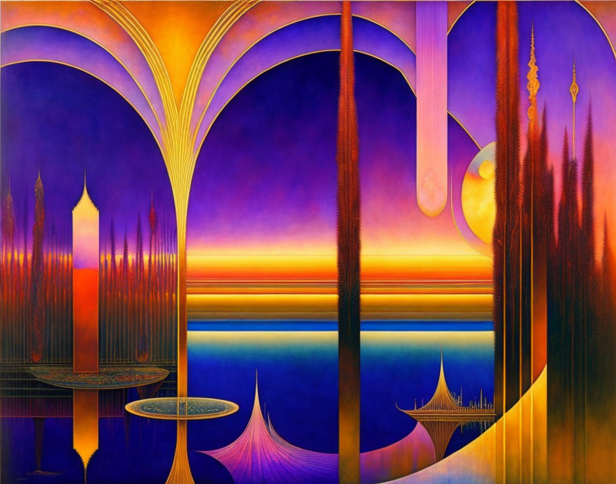 Surrealistic painting: archways, golden & purple hues, serene sea, fantastical structures