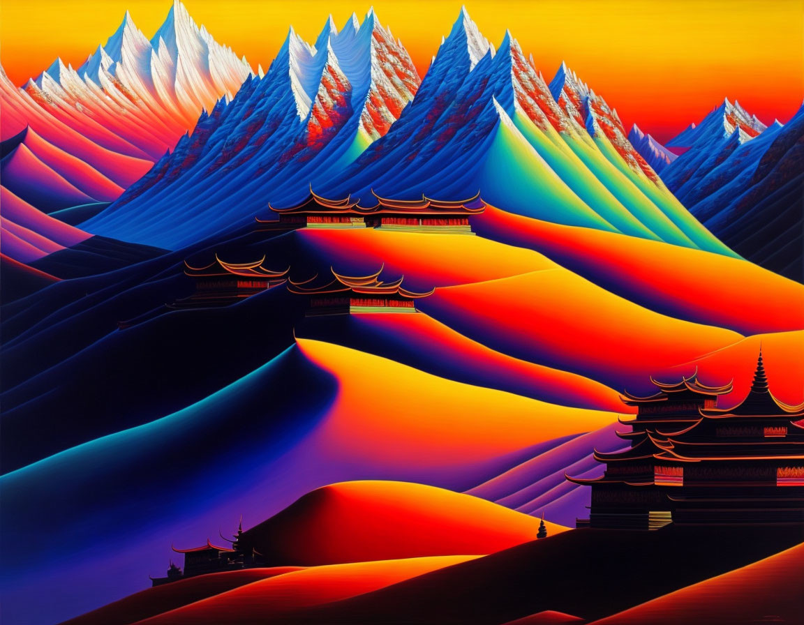 Colorful Stylized Landscape with Asian Buildings and Mountains