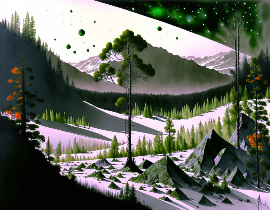 Scenic night landscape with green aurora, mountains, pine forest