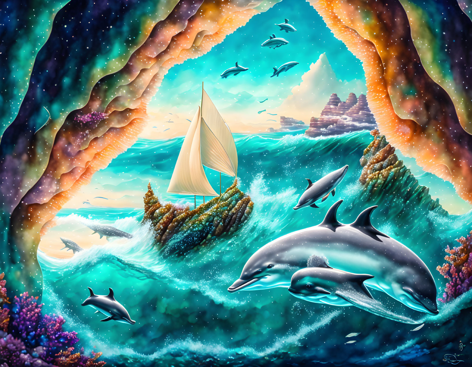 Fantasy seascape with leaping dolphins, sailboat, wave cliffs, starry sky.