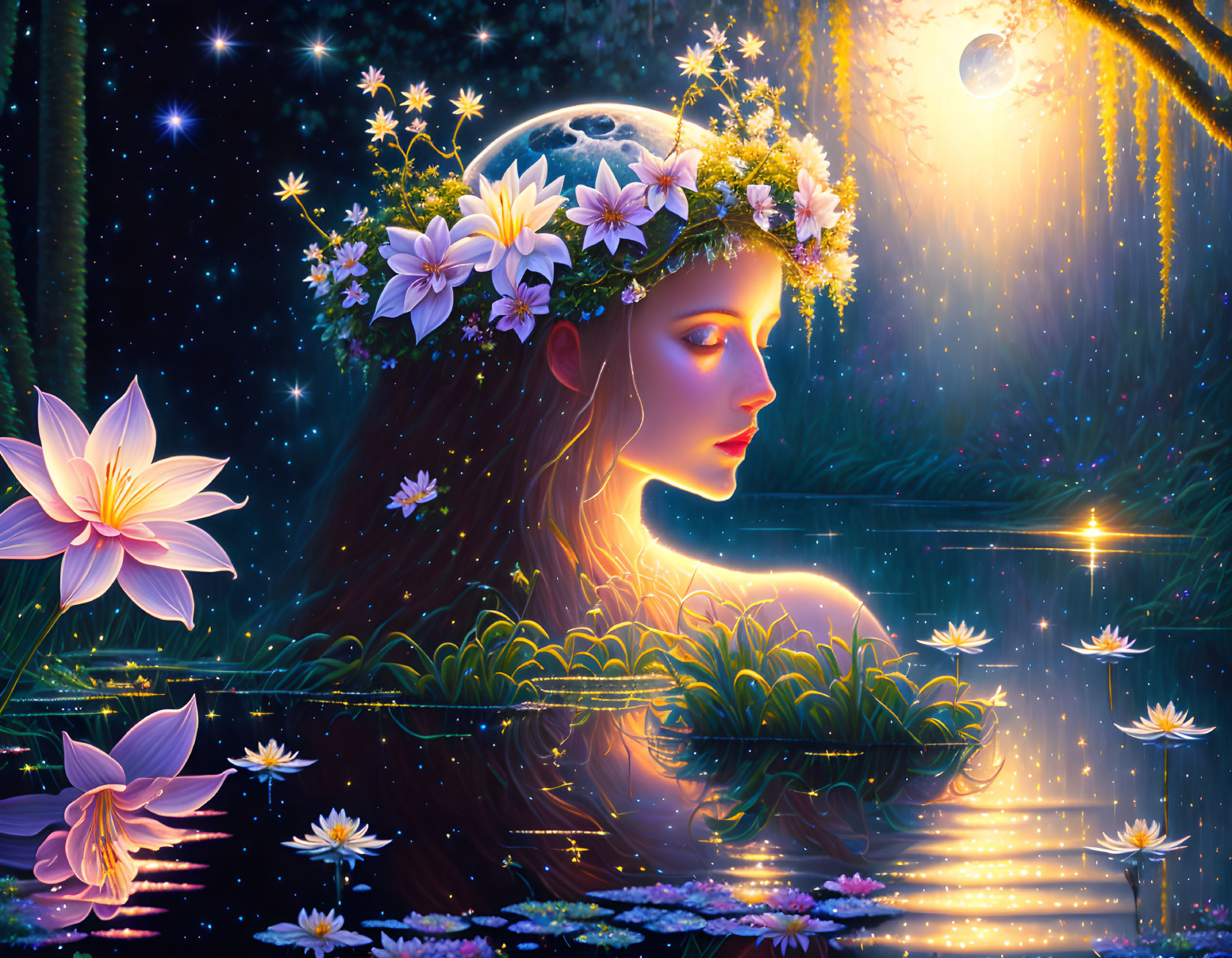 Mystical woman with flower wreath and planet in enchanted night scene