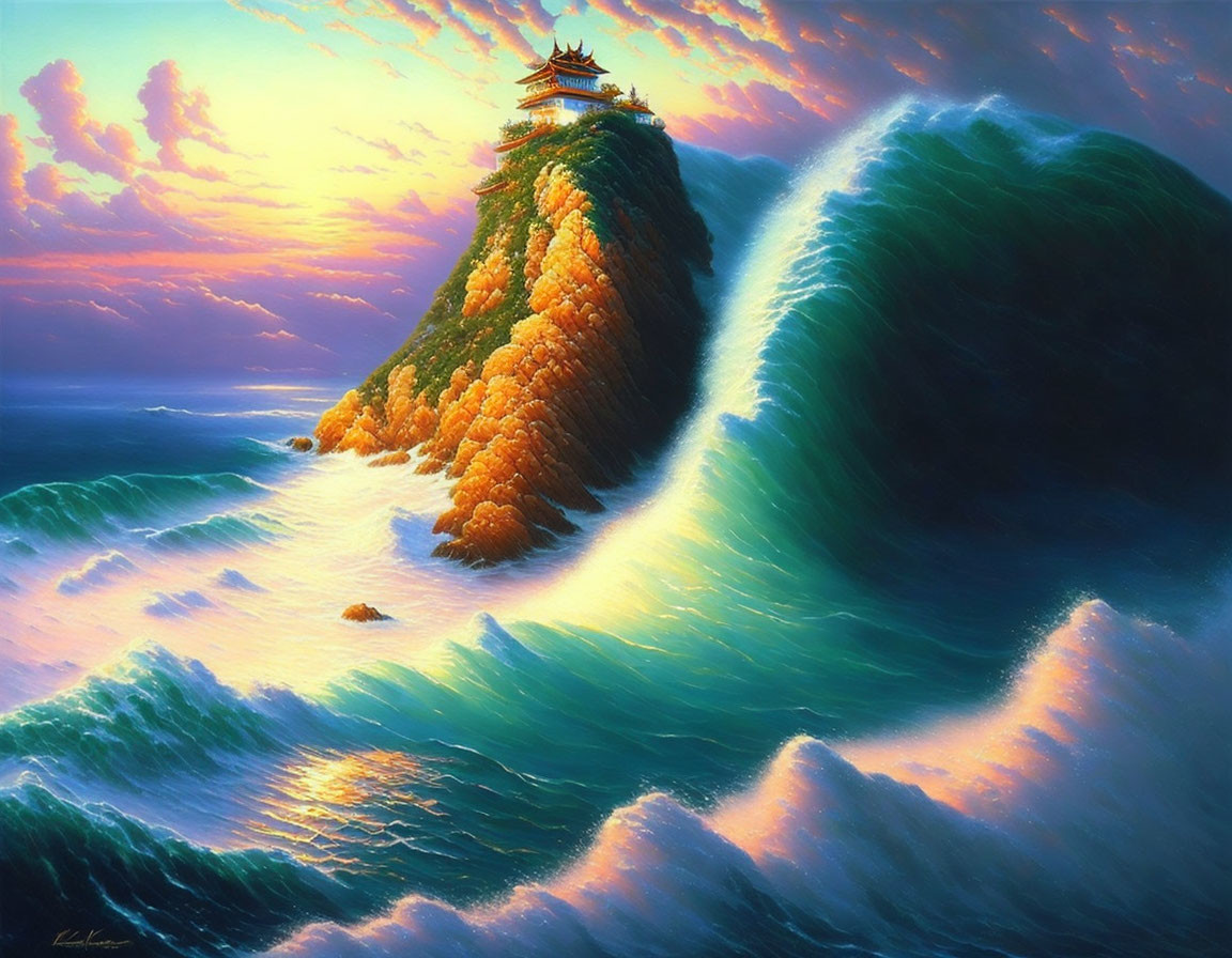 Scenic painting of towering wave near temple cliff