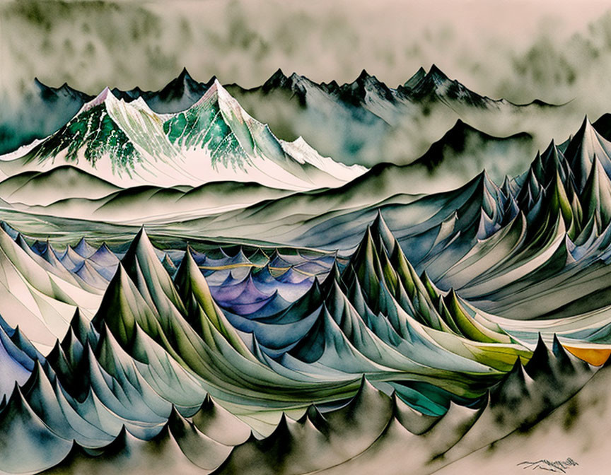 Geometric mountain range painting in cool and warm colors