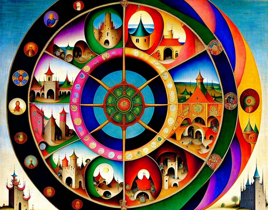 Circular Artwork of Colorful Whimsical Castles and Patterns