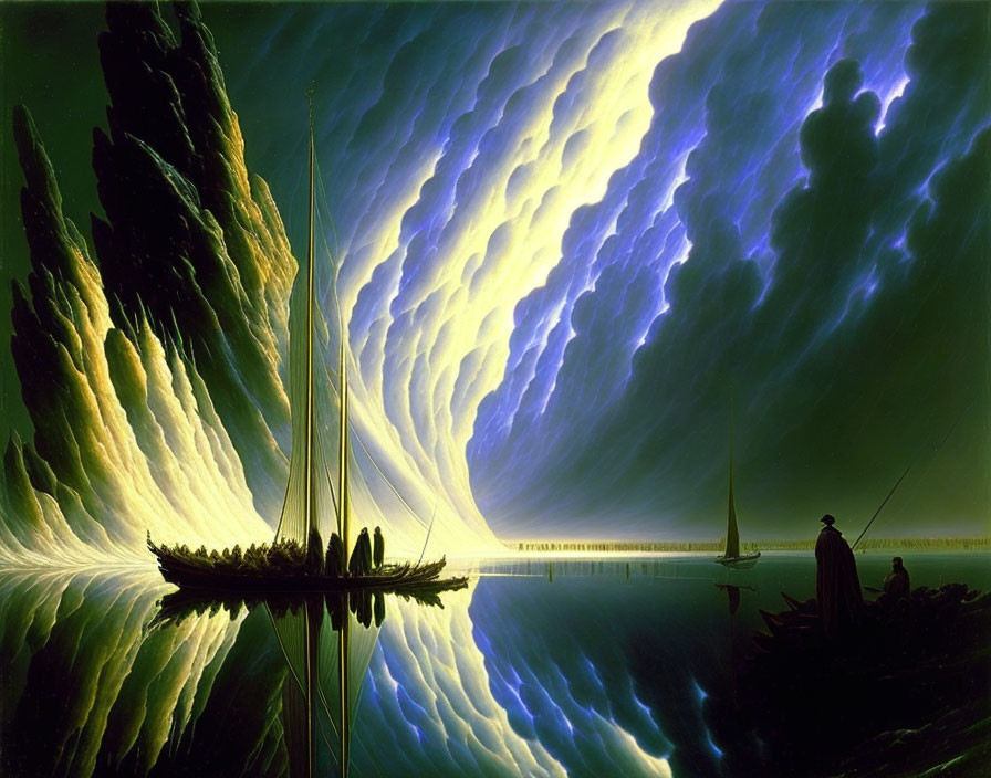 Fantastical landscape with sailboats on tranquil water under swirling, luminous sky