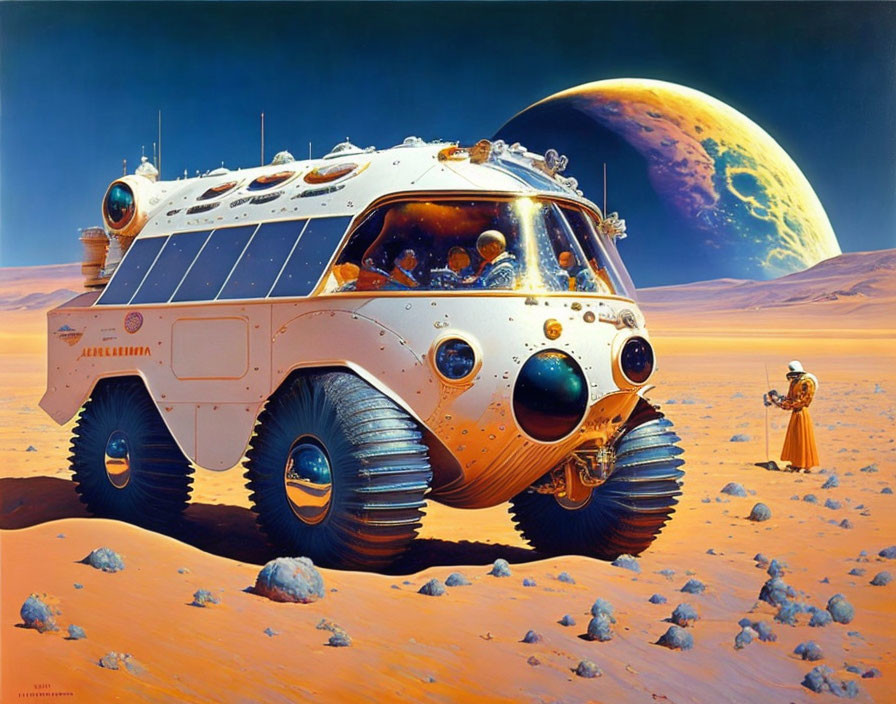 Futuristic lunar rover with astronauts exploring alien planet's rocky terrain