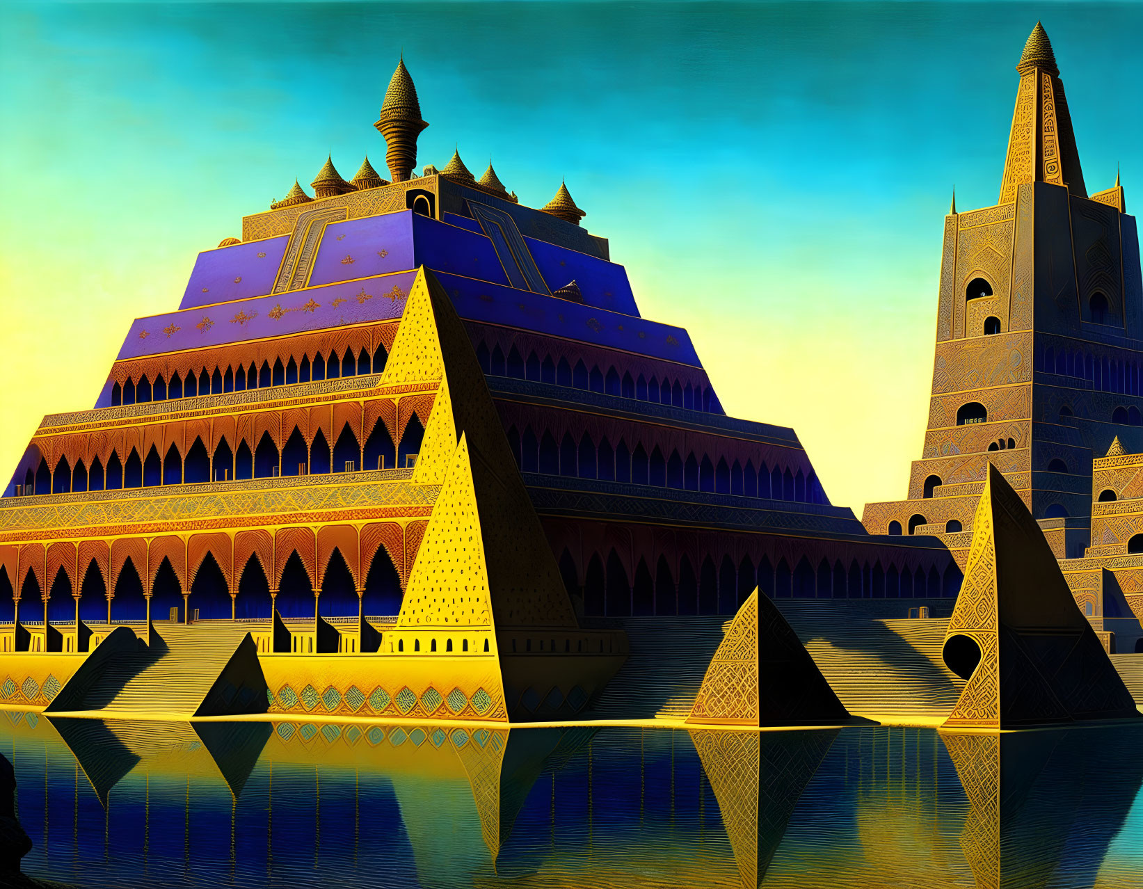 Digital artwork of stylized ornate structures with pyramids reflecting in water under a blue and yellow gradient