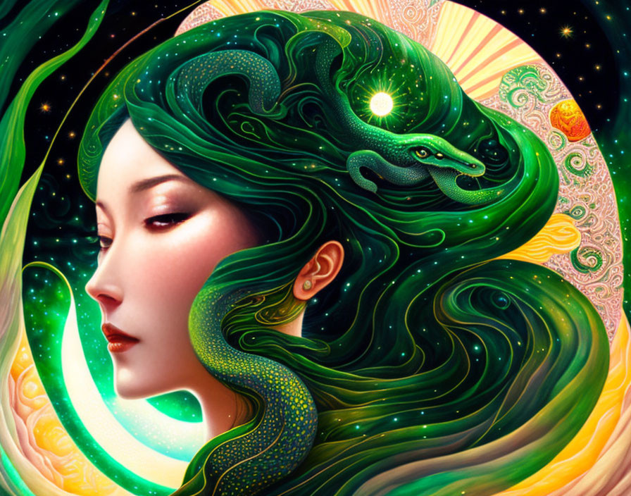 Illustration of woman with green hair merging with cosmic serpent in celestial setting