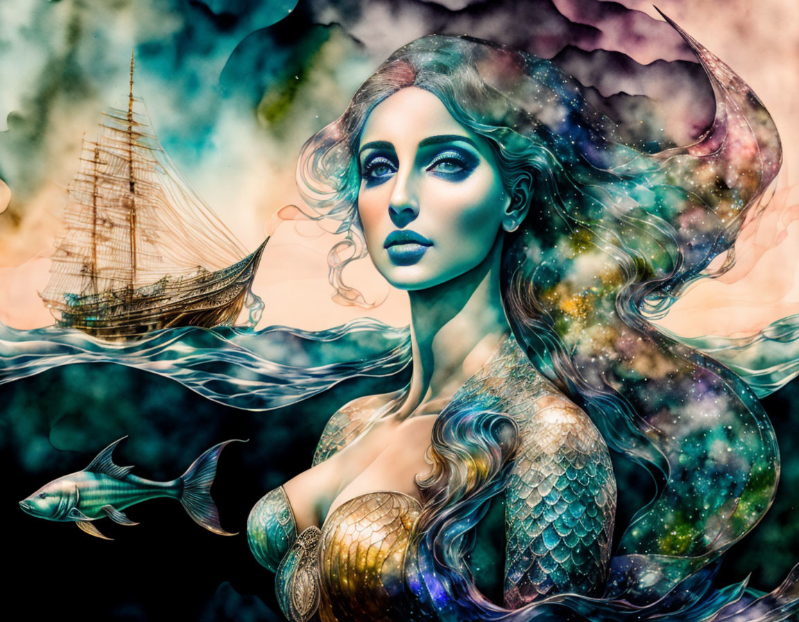 Mermaid portrait with flowing hair in cosmic scene