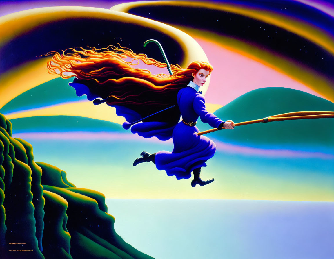 Stylized witch flying on broomstick over colorful hills