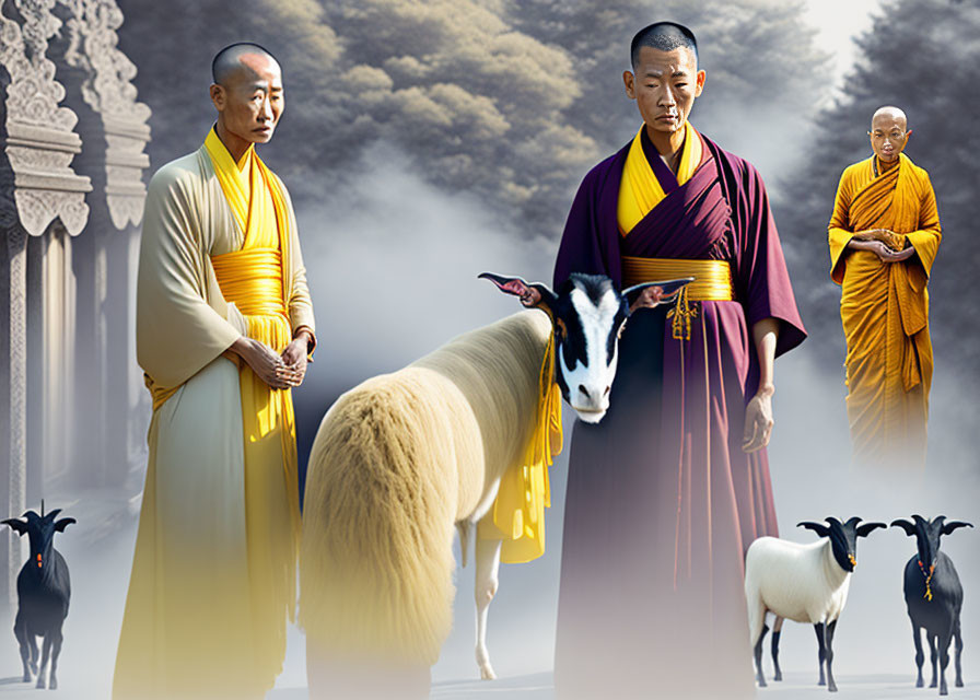 Buddhist monks and goats in mystical foggy landscape