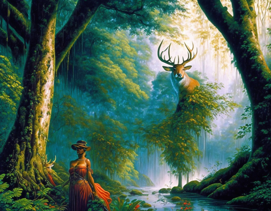 Woman in red dress and hat by serene river in lush forest with deer and sunlight rays