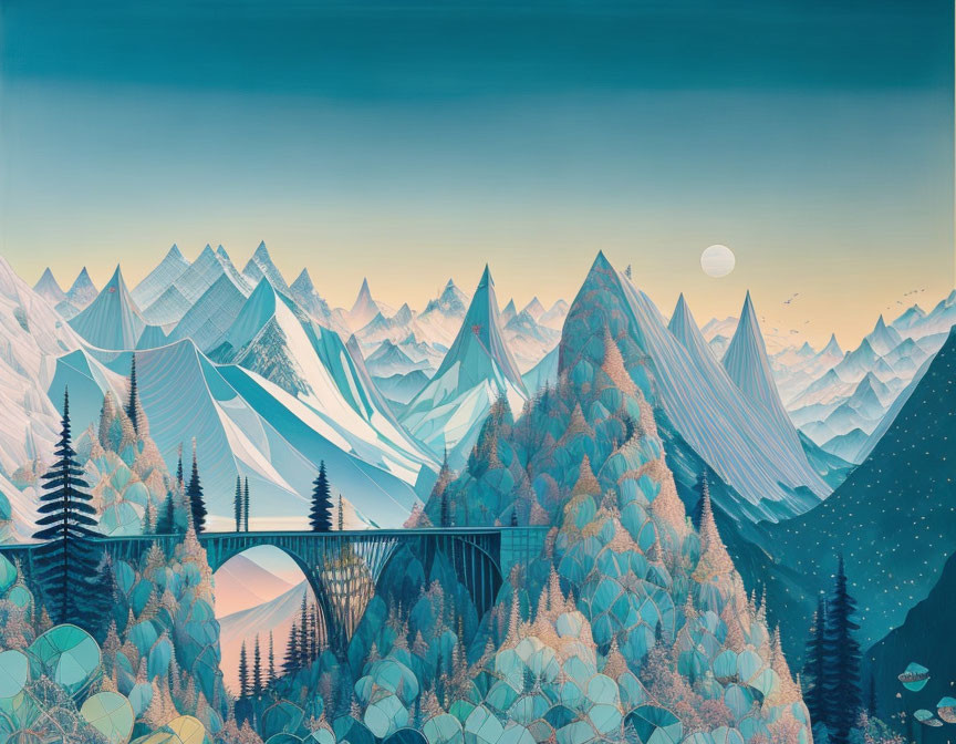 Geometric mountain landscape with bridge, forest, and moon