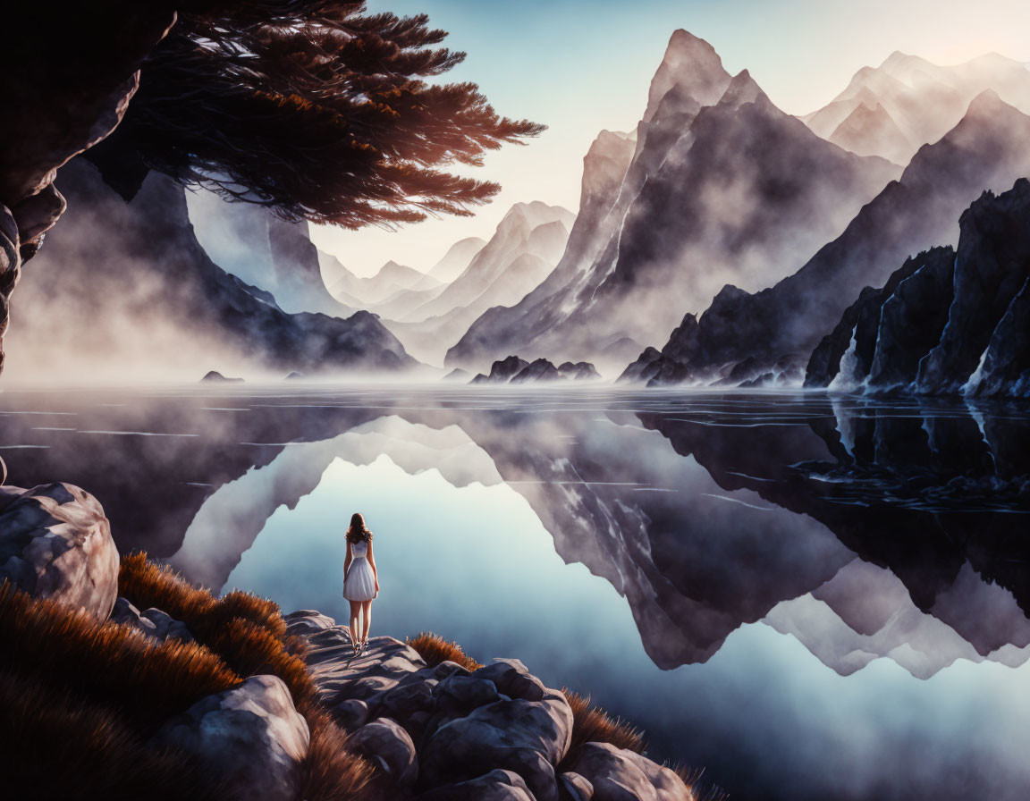 Solitary figure by calm lake with misty mountains reflection