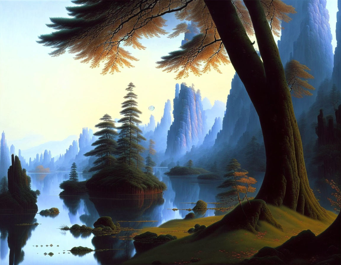 Surreal landscape: towering cliffs, calm lake, pine tree islands, small boat.