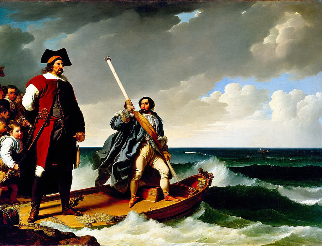 17th-Century Man Stepping onto Shore from Boat with Flagbearer