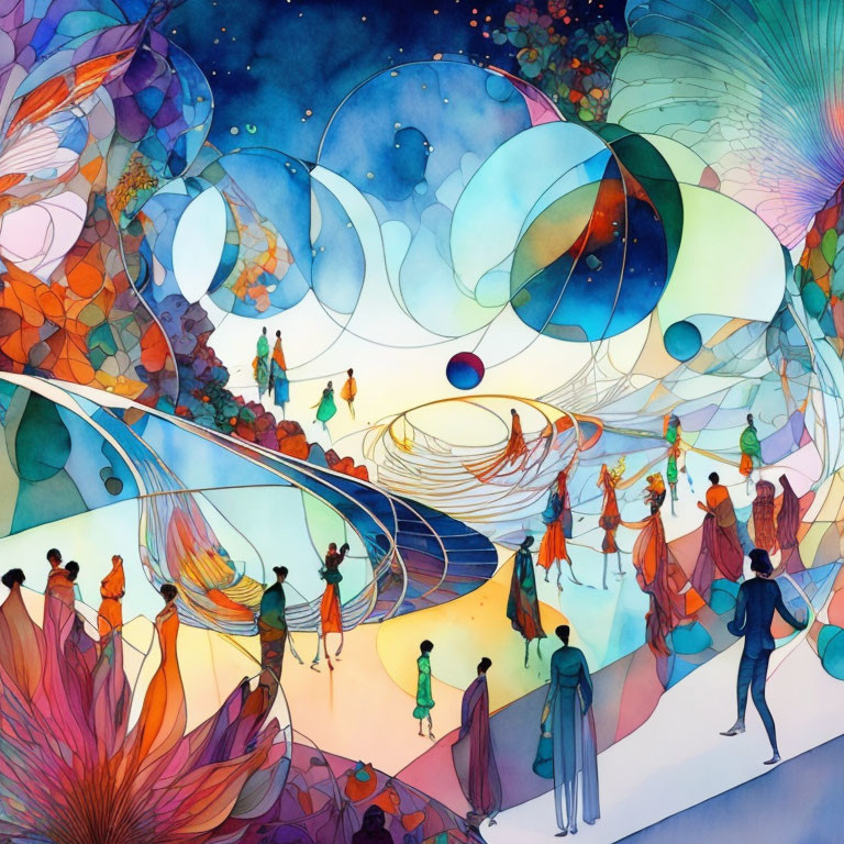 Colorful Abstract Illustration of People in Flowing Garments in Ethereal Landscape