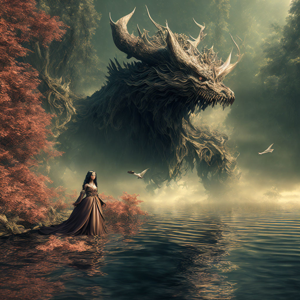 Woman in flowing gown near misty lake with colossal dragon in red forest.