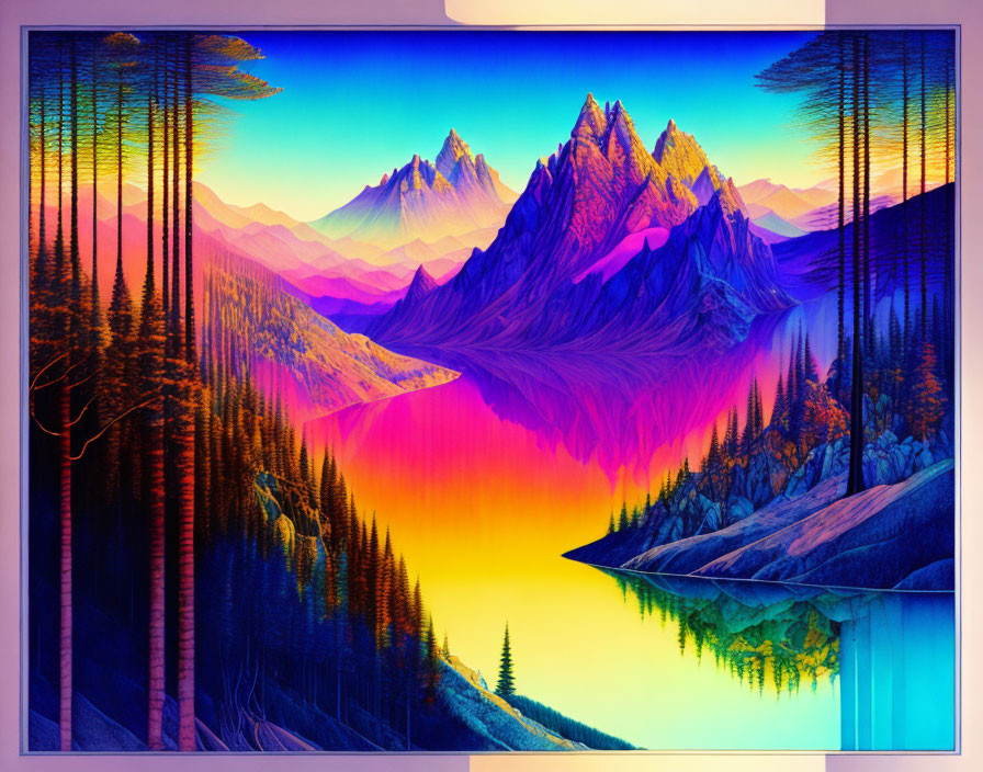 Colorful surreal landscape with neon mountains and reflective waters