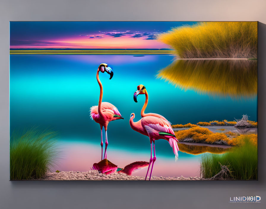 Flamingos by Blue Lake Canvas Art Displayed on Wall