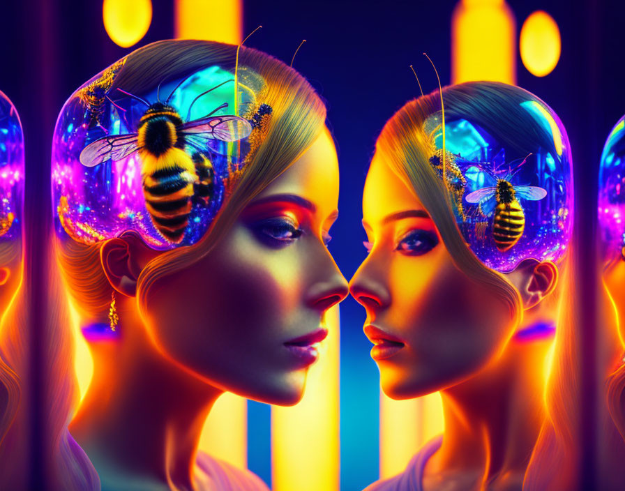 Vividly colored lighting illuminates two women in transparent helmets with bees, creating a surreal futuristic scene