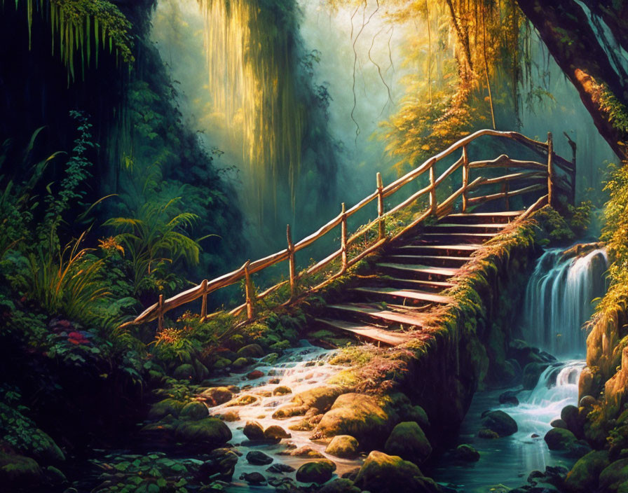 Serene forest landscape with wooden bridge, stream, waterfalls, and sunlight.