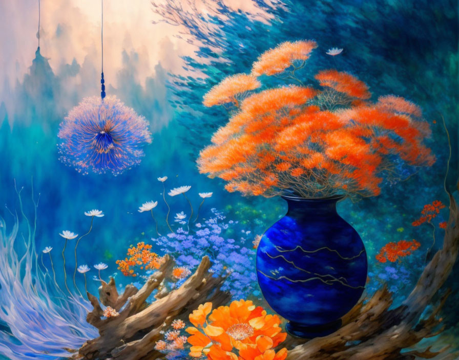 Colorful Underwater Painting with Orange Tree in Blue Vase