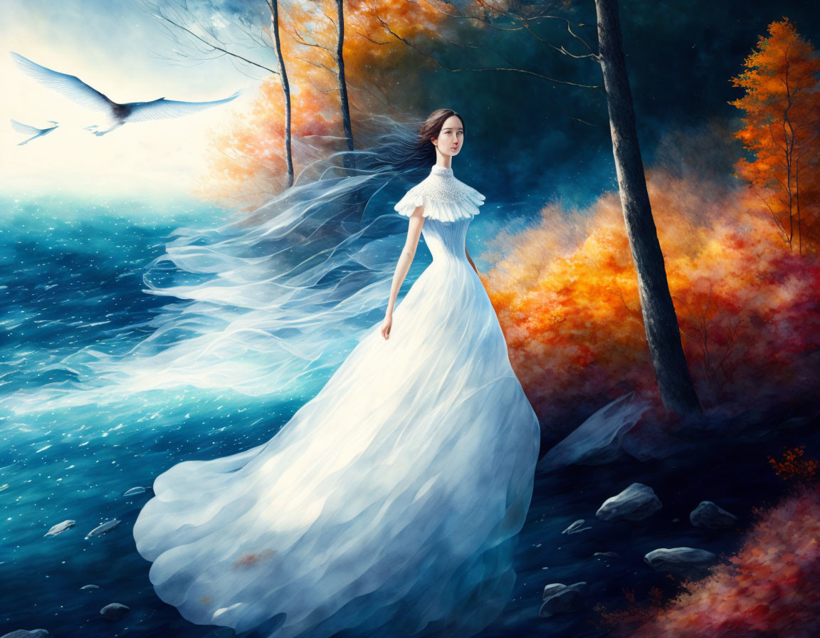 Woman in white gown by forest stream with autumn trees and flying bird