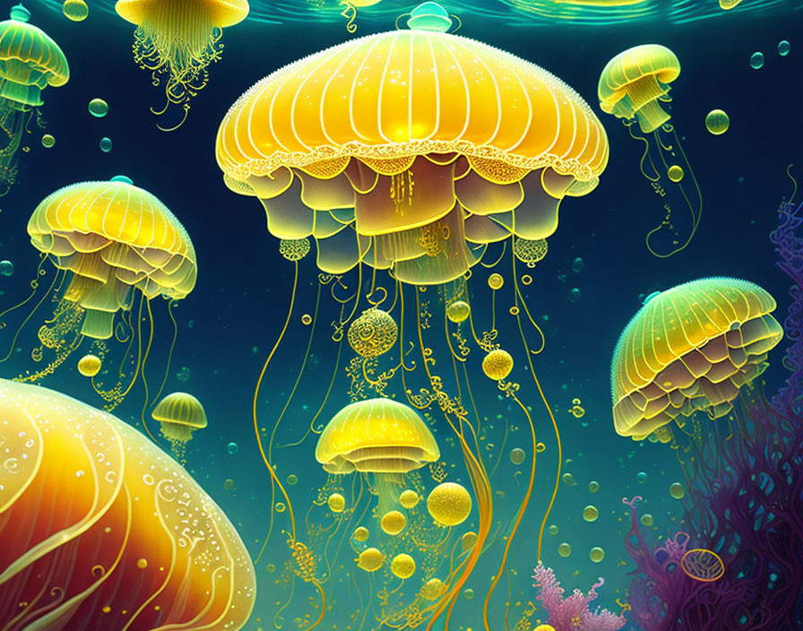 Colorful jellyfish and marine plants in dreamlike underwater scene