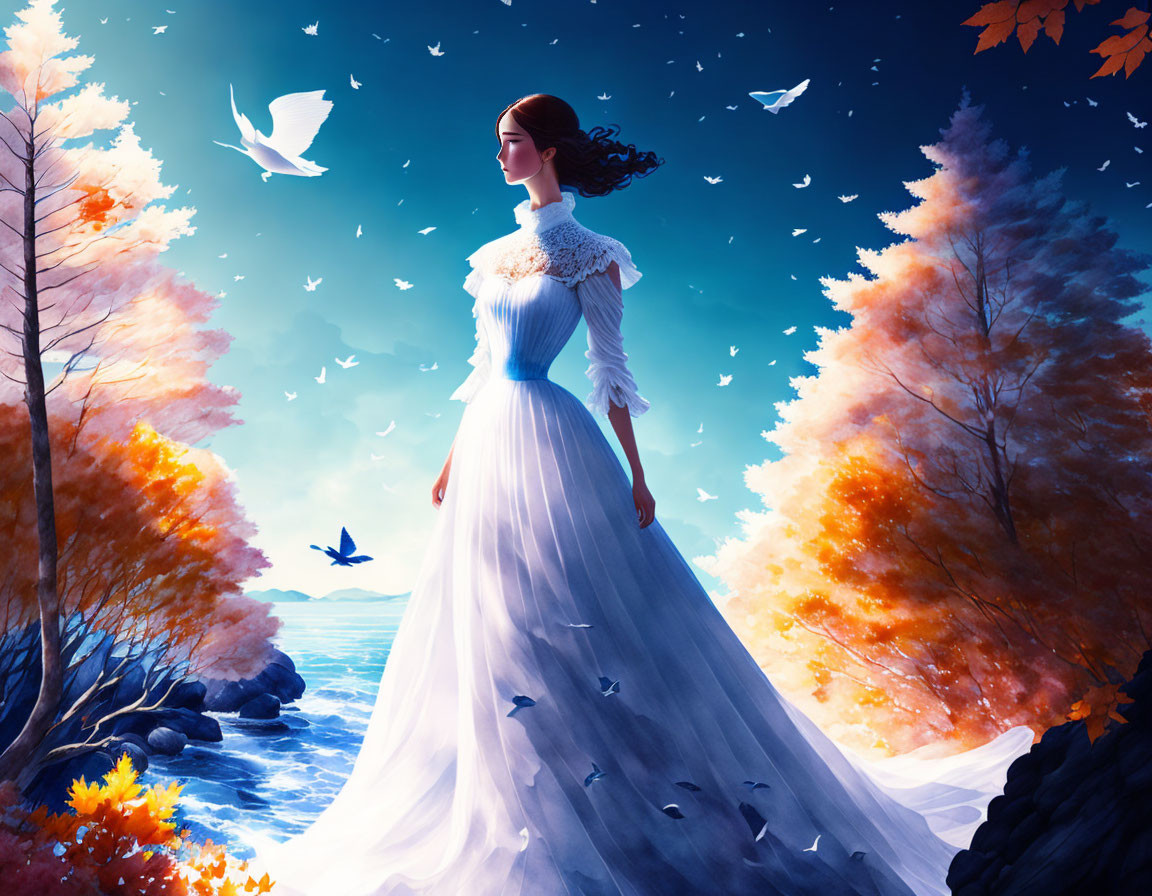 Woman in white gown surrounded by autumn trees and birds at twilight