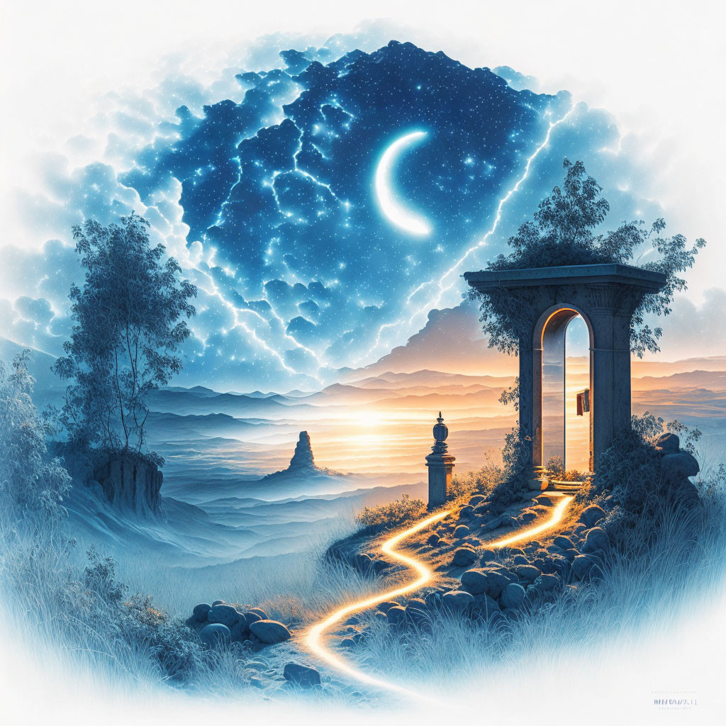 Fantastical landscape at dusk with glowing pathway and crescent moon