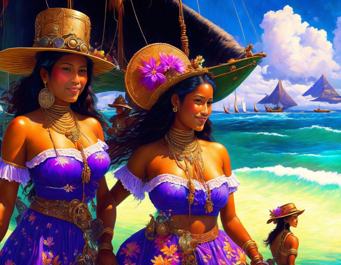 Two women in ornate pirate costumes on tropical beach with sailing ships