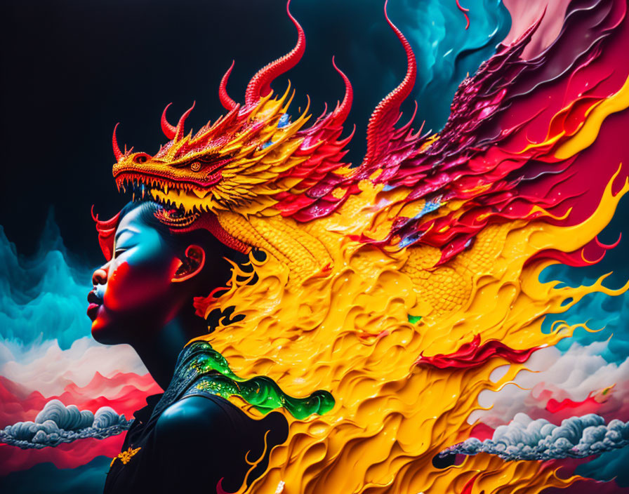 Woman's profile with fiery dragon in hair against dramatic cloud backdrop