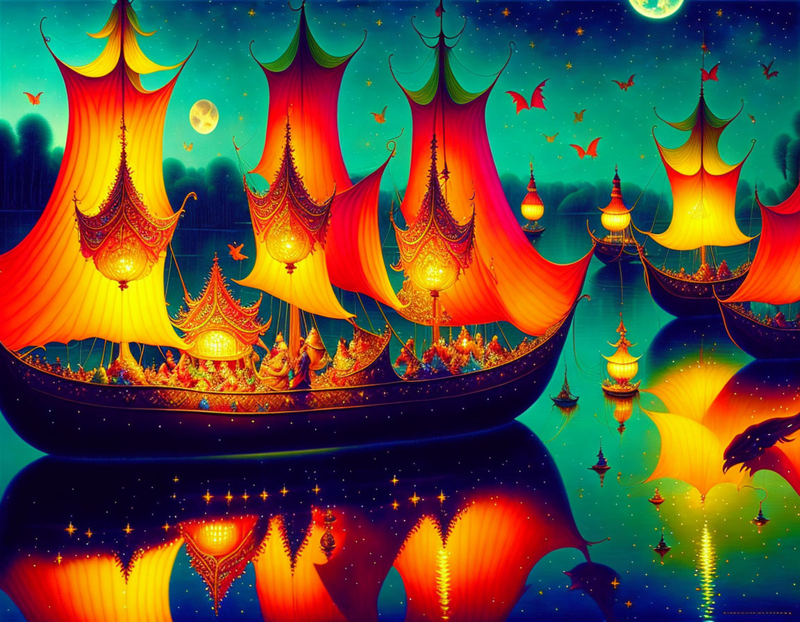 Colorful fantasy artwork: ornate boats, starry sky, moons, birds, reflective water.