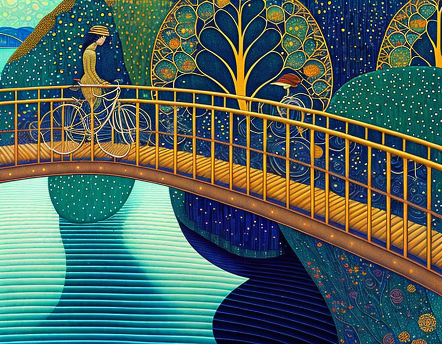 Colorful Stylized Artwork of Person on Bicycle Crossing Bridge