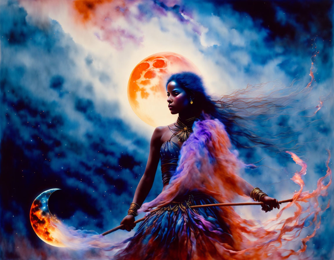 Woman with staff in fiery dress against red moon backdrop