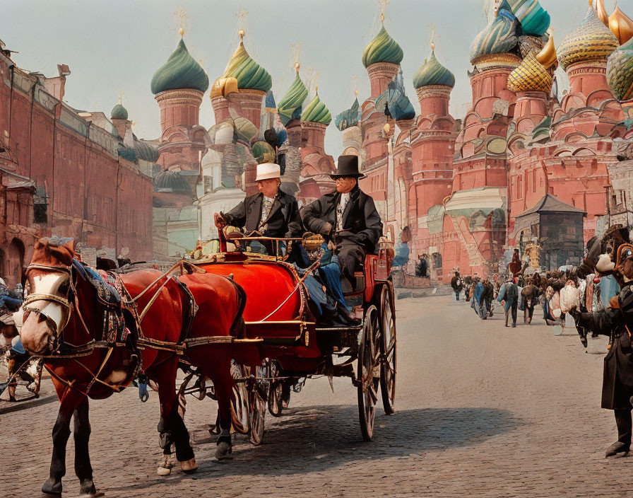 Men in horse-drawn carriage on cobblestone street with onion-domed buildings.