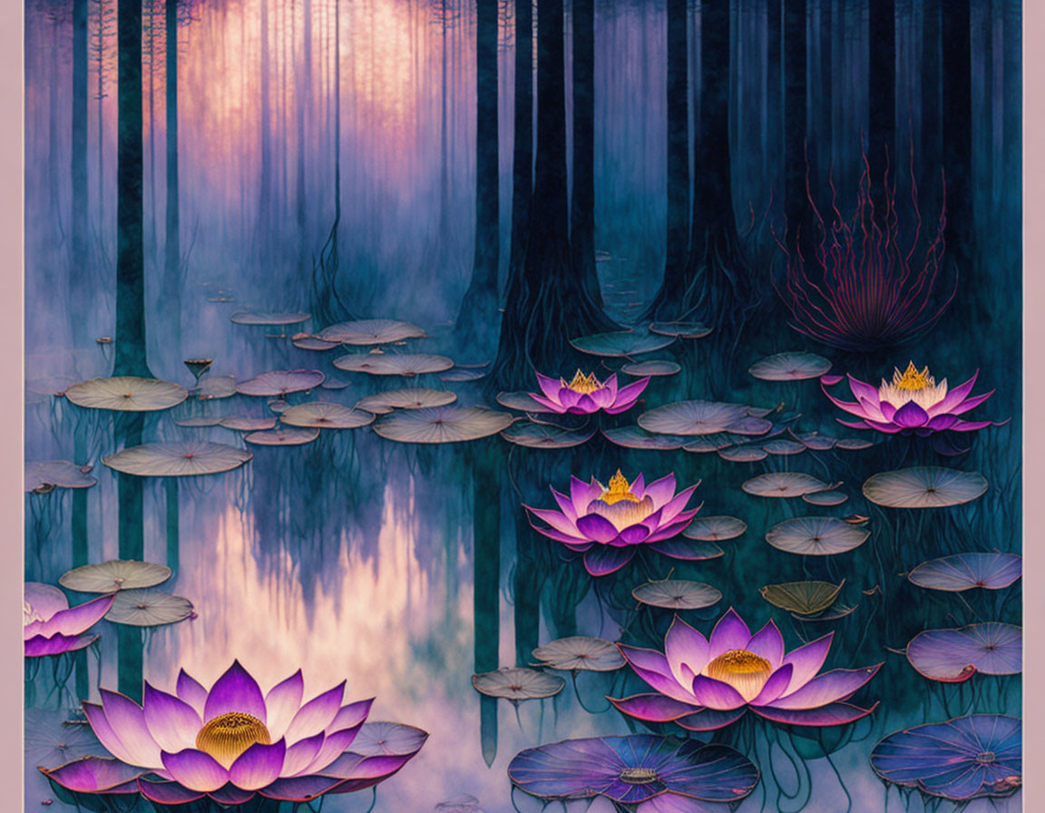 Purple-Hued Forest with Lotus Pond and Lily Pads