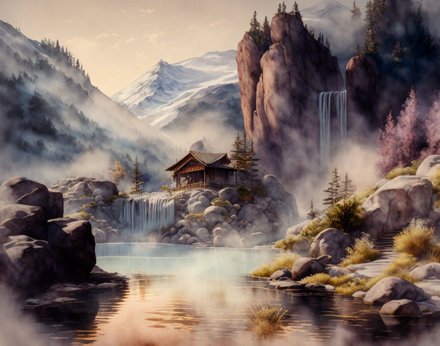 Mountain backdrop, waterfall, traditional house, misty trees in serene landscape