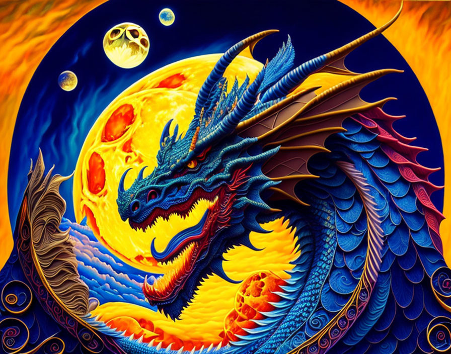 Detailed blue dragon illustration surrounded by flames, moon, and planets