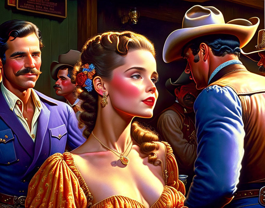 Vintage-style illustration: Woman in orange dress, man in blue, bar setting. Classic western ambiance.