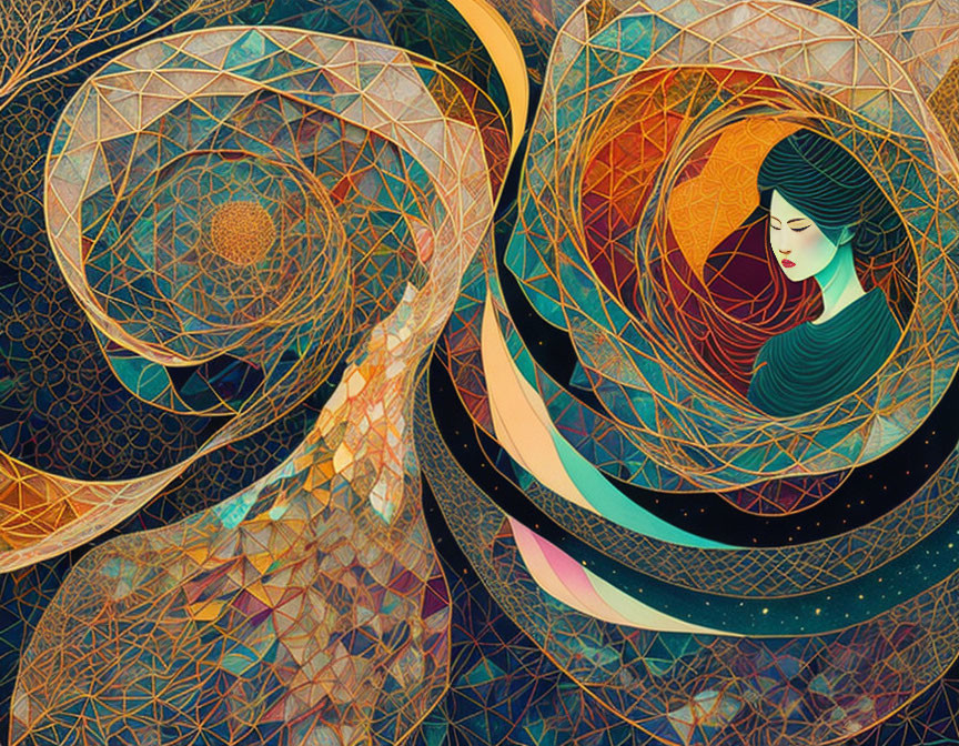 Vibrant illustration of female figure with flowing hair and geometric patterns