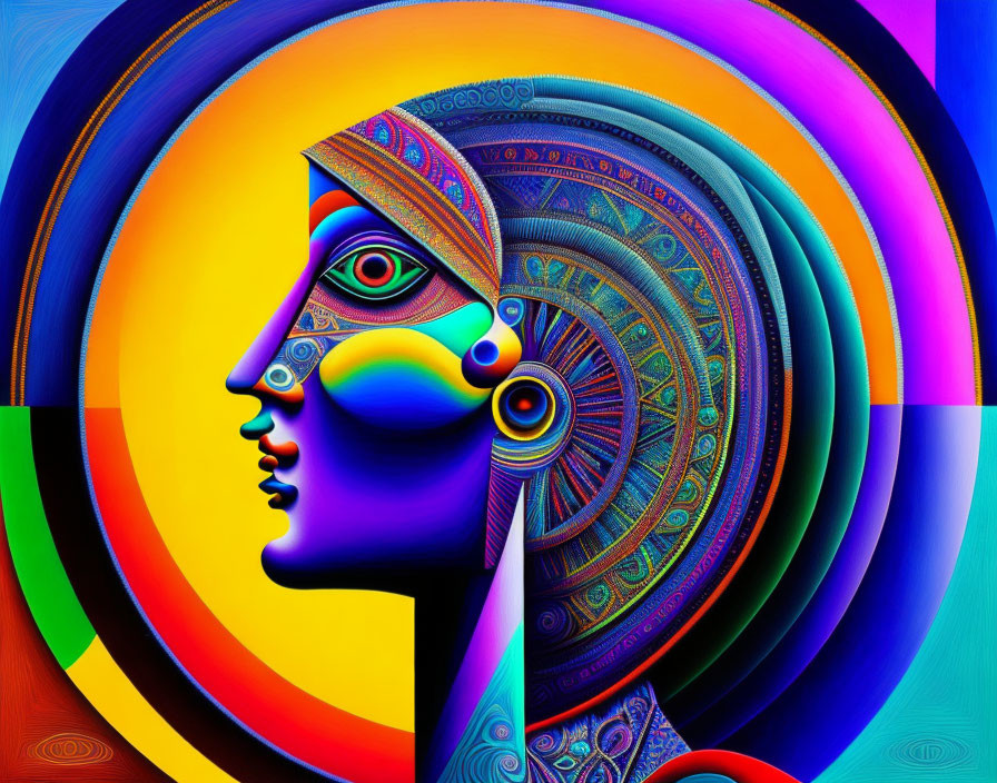 Abstract Multicolored Female Profile Artwork with Circles and Patterns